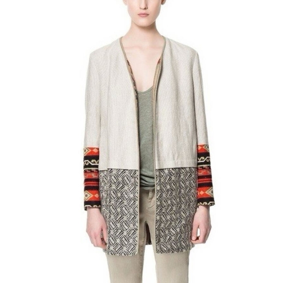 Zara Linen Blend Embroidered Boho Southwestern Long Jacket Women's Size Small